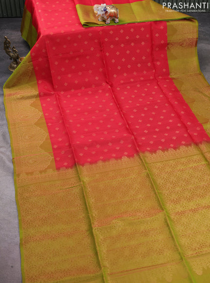 Kanchipuram soft silk saree red and light green with allover zari stripes & buttas and long zari woven border