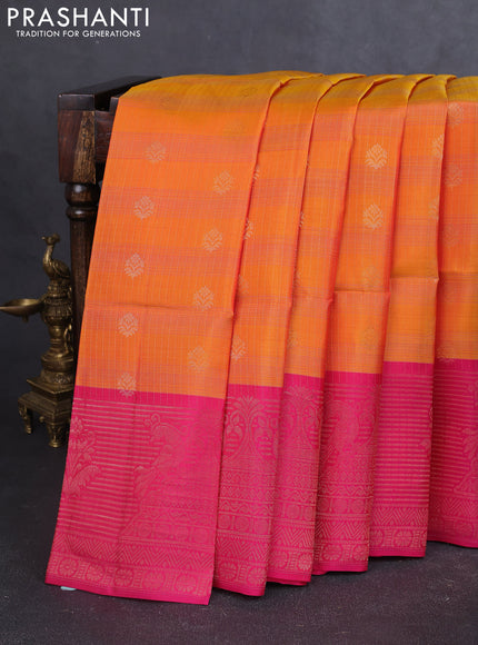 Kanchipuram soft silk saree orange and pink with allover zari stripes & buttas and long zari woven butta border