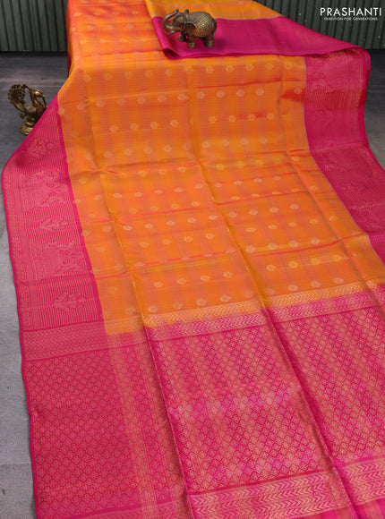 Kanchipuram soft silk saree orange and pink with allover zari stripes & buttas and long zari woven butta border