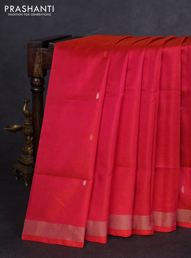 Pure uppada silk saree dual shade of pinkish orange with silver & gold zari woven buttas and jamdhani design pallu