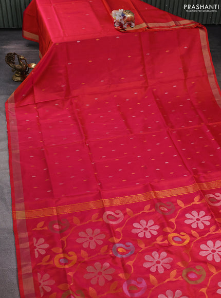Pure uppada silk saree dual shade of pinkish orange with silver & gold zari woven buttas and jamdhani design pallu