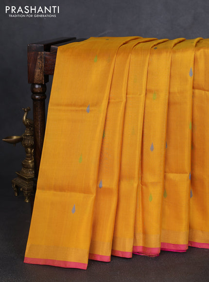Pure uppada silk saree yellow and pink with thread woven thilak buttas and jamdhani design pallu