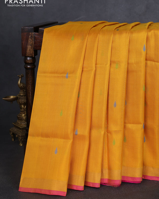 Pure uppada silk saree yellow and pink with thread woven thilak buttas and jamdhani design pallu