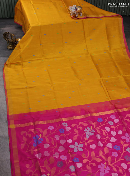 Pure uppada silk saree yellow and pink with thread woven thilak buttas and jamdhani design pallu