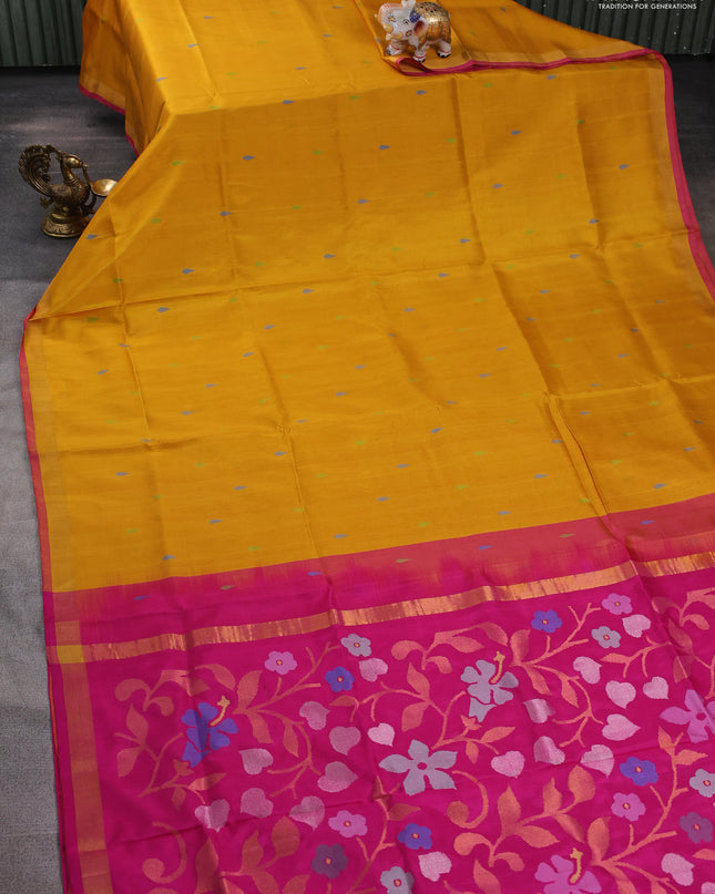 Pure uppada silk saree yellow and pink with thread woven thilak buttas and jamdhani design pallu