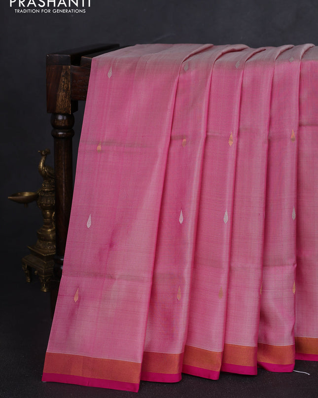 Pure uppada silk saree light pink and pink with silver & gold zari woven thilak buttas and jamdhani design pallu