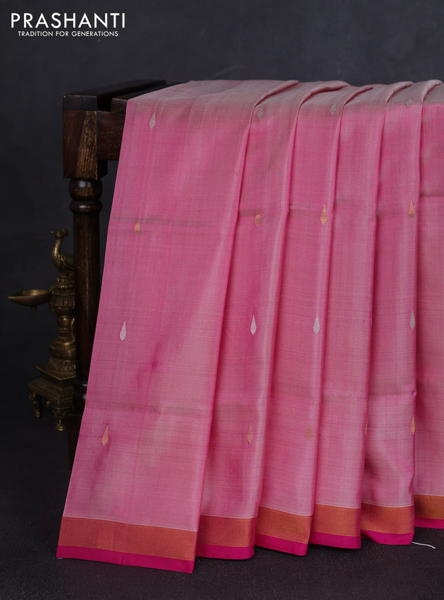 Pure uppada silk saree light pink and pink with silver & gold zari woven thilak buttas and jamdhani design pallu