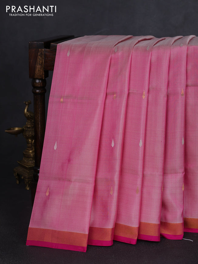 Pure uppada silk saree light pink and pink with silver & gold zari woven thilak buttas and jamdhani design pallu