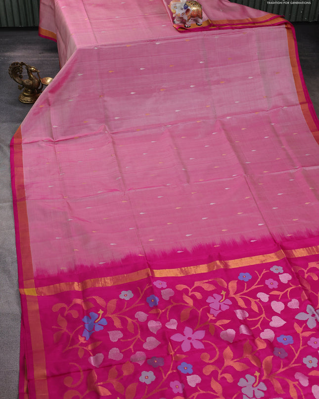 Pure uppada silk saree light pink and pink with silver & gold zari woven thilak buttas and jamdhani design pallu