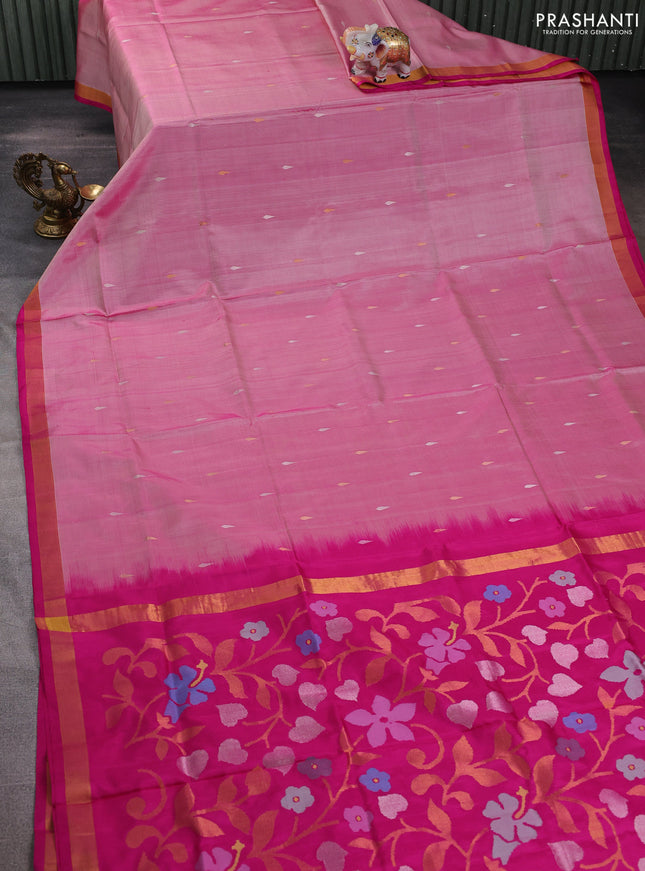 Pure uppada silk saree light pink and pink with silver & gold zari woven thilak buttas and jamdhani design pallu