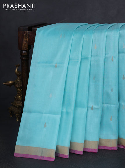 Pure uppada silk saree teal blue and magenta pink with silver & gold zari woven thilak buttas and jamdhani design pallu