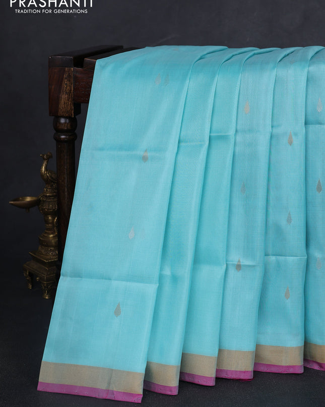 Pure uppada silk saree teal blue and magenta pink with silver & gold zari woven thilak buttas and jamdhani design pallu