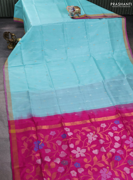 Pure uppada silk saree teal blue and magenta pink with silver & gold zari woven thilak buttas and jamdhani design pallu
