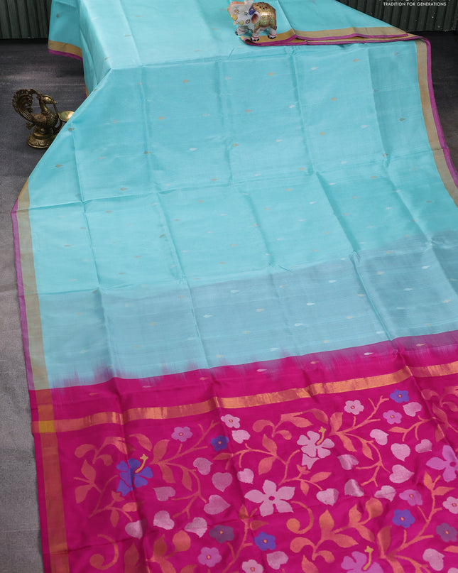 Pure uppada silk saree teal blue and magenta pink with silver & gold zari woven thilak buttas and jamdhani design pallu