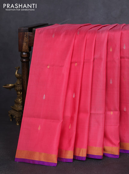 Pure uppada silk saree pink shade and violet with silver & gold zari woven thilak buttas and jamdhani design pallu