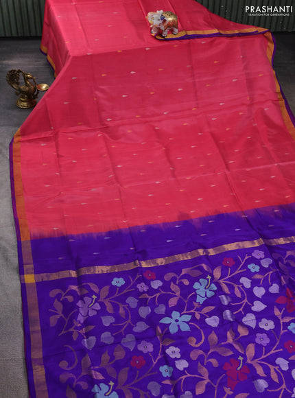 Pure uppada silk saree pink shade and violet with silver & gold zari woven thilak buttas and jamdhani design pallu