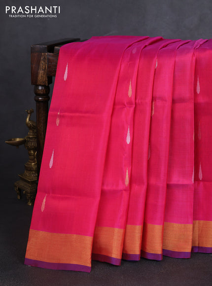 Pure uppada silk saree pink with silver & gold zari woven thilak buttas and jamdhani design pallu
