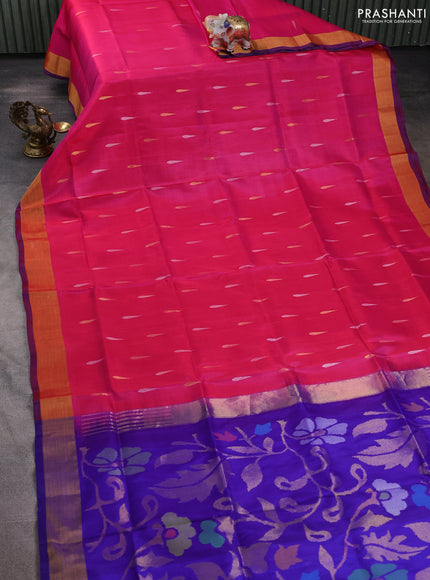 Pure uppada silk saree pink with silver & gold zari woven thilak buttas and jamdhani design pallu