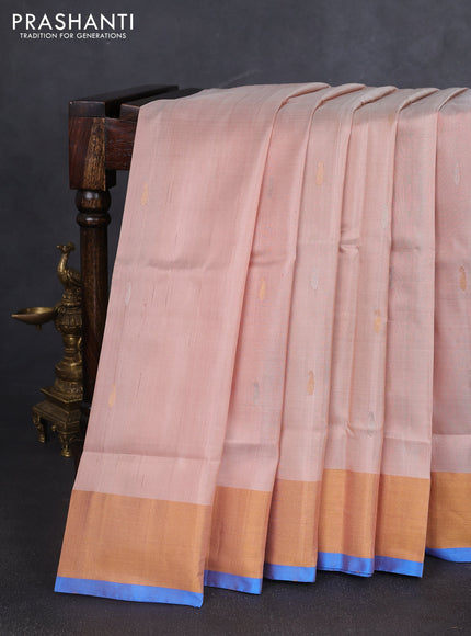 Pure uppada silk saree beige and cs blue with silver & gold zari woven paisley buttas and jamdhani design pallu