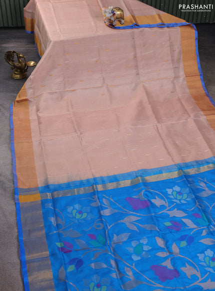 Pure uppada silk saree beige and cs blue with silver & gold zari woven paisley buttas and jamdhani design pallu