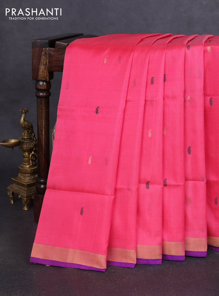 Pure uppada silk saree candy pink and blue with thread & zari woven paisley buttas and jamdhani design pallu