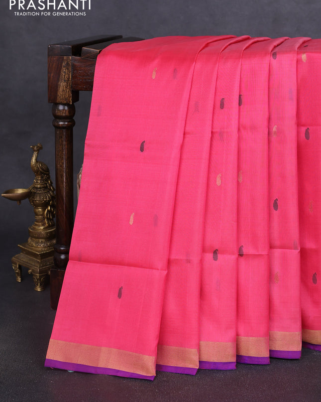 Pure uppada silk saree candy pink and blue with thread & zari woven paisley buttas and jamdhani design pallu