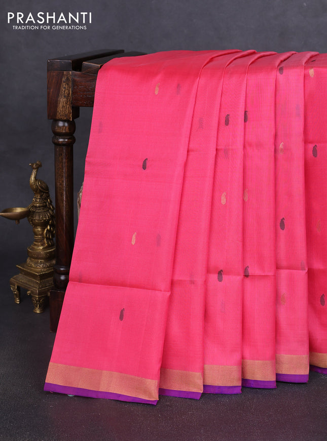 Pure uppada silk saree candy pink and blue with thread & zari woven paisley buttas and jamdhani design pallu
