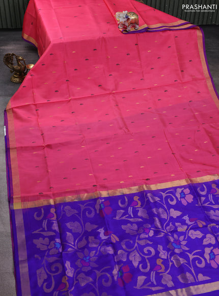 Pure uppada silk saree candy pink and blue with thread & zari woven paisley buttas and jamdhani design pallu