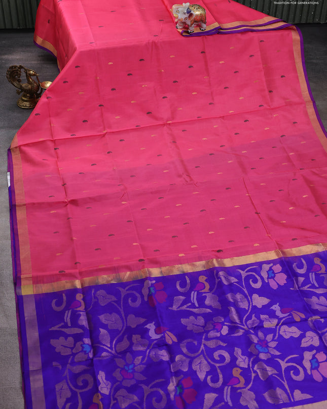 Pure uppada silk saree candy pink and blue with thread & zari woven paisley buttas and jamdhani design pallu
