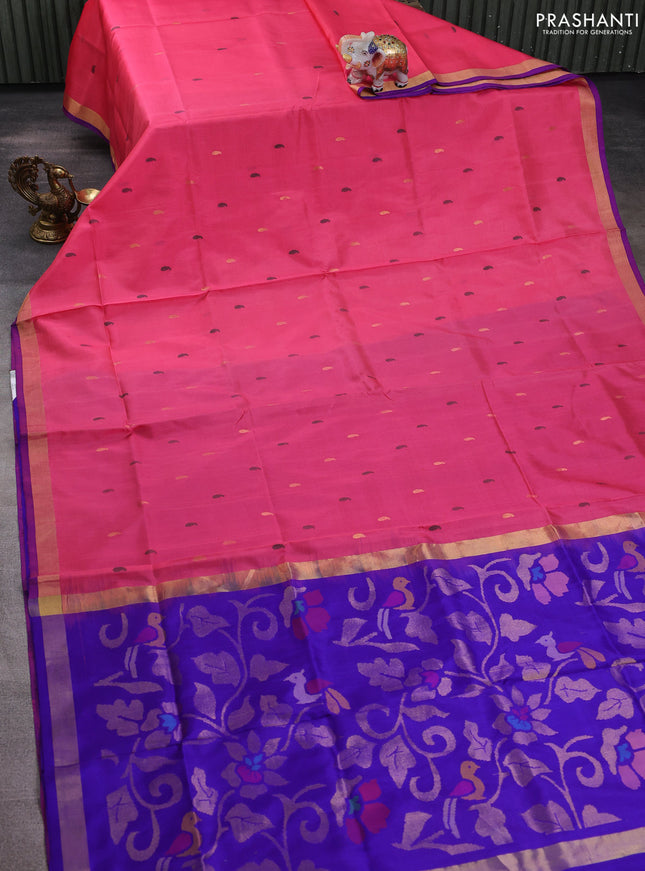 Pure uppada silk saree candy pink and blue with thread & zari woven paisley buttas and jamdhani design pallu