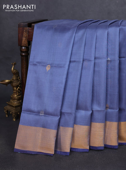 Pure uppada silk saree grey and dark blue with silver & gold zari woven buttas and jamdhani design pallu