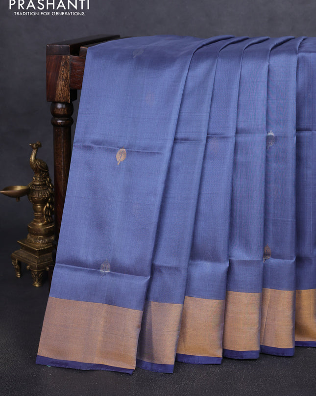 Pure uppada silk saree grey and dark blue with silver & gold zari woven buttas and jamdhani design pallu