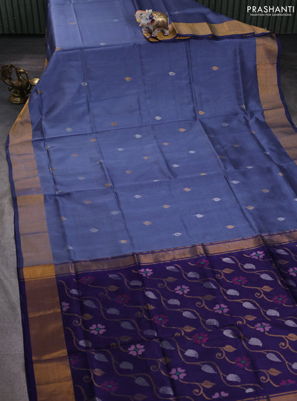 Pure uppada silk saree grey and dark blue with silver & gold zari woven buttas and jamdhani design pallu