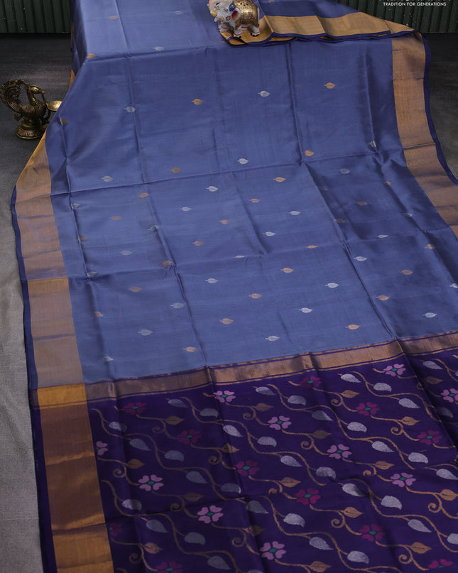 Pure uppada silk saree grey and dark blue with silver & gold zari woven buttas and jamdhani design pallu