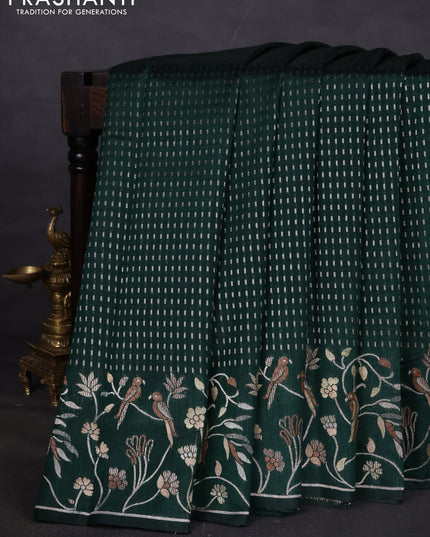 Art tussar saree bottle green with allover zari woven butta weaves and jamdhani style border