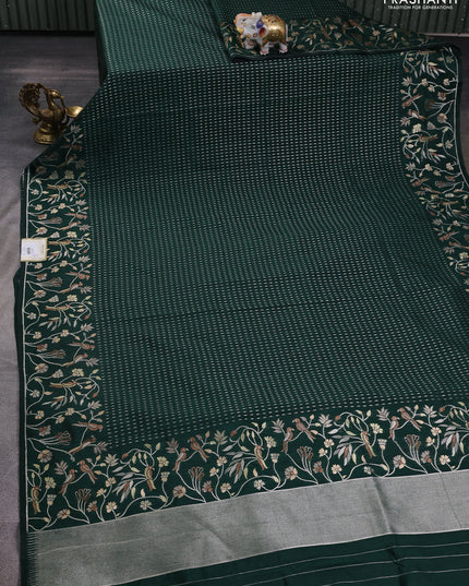 Art tussar saree bottle green with allover zari woven butta weaves and jamdhani style border