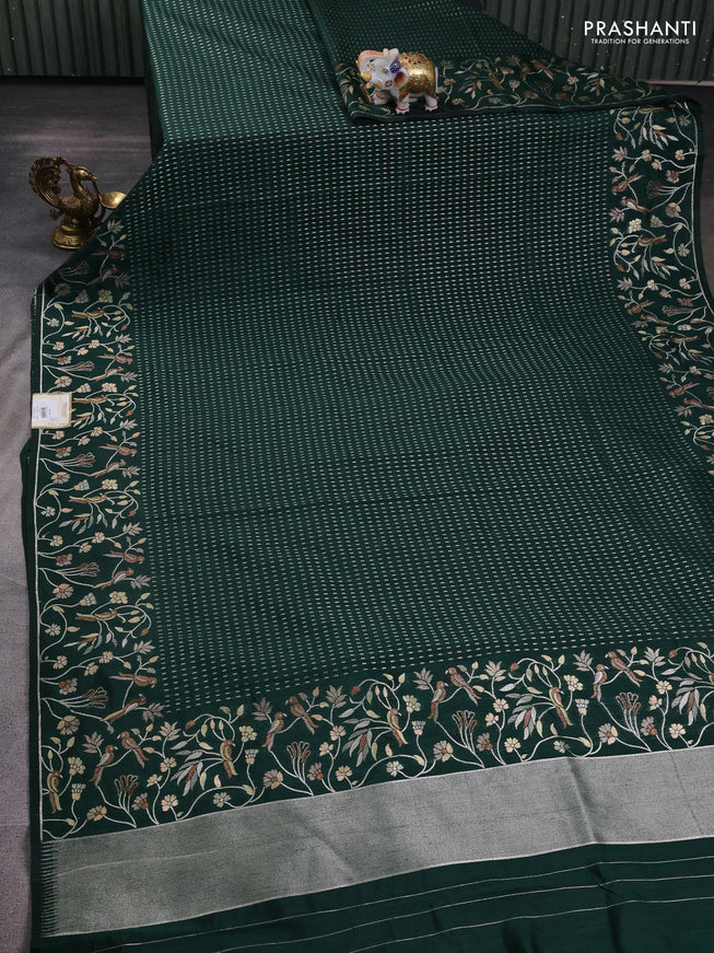 Art tussar saree bottle green with allover zari woven butta weaves and jamdhani style border