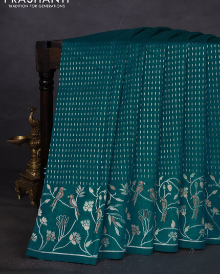 Art tussar saree teal green with allover zari woven butta weaves and jamdhani style border