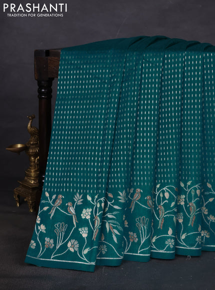 Art tussar saree teal green with allover zari woven butta weaves and jamdhani style border