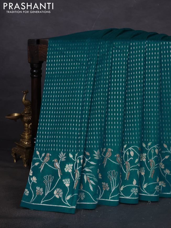 Art tussar saree teal green with allover zari woven butta weaves and jamdhani style border