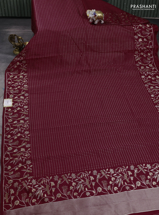 Art tussar saree maroon with allover zari woven butta weaves and jamdhani style border