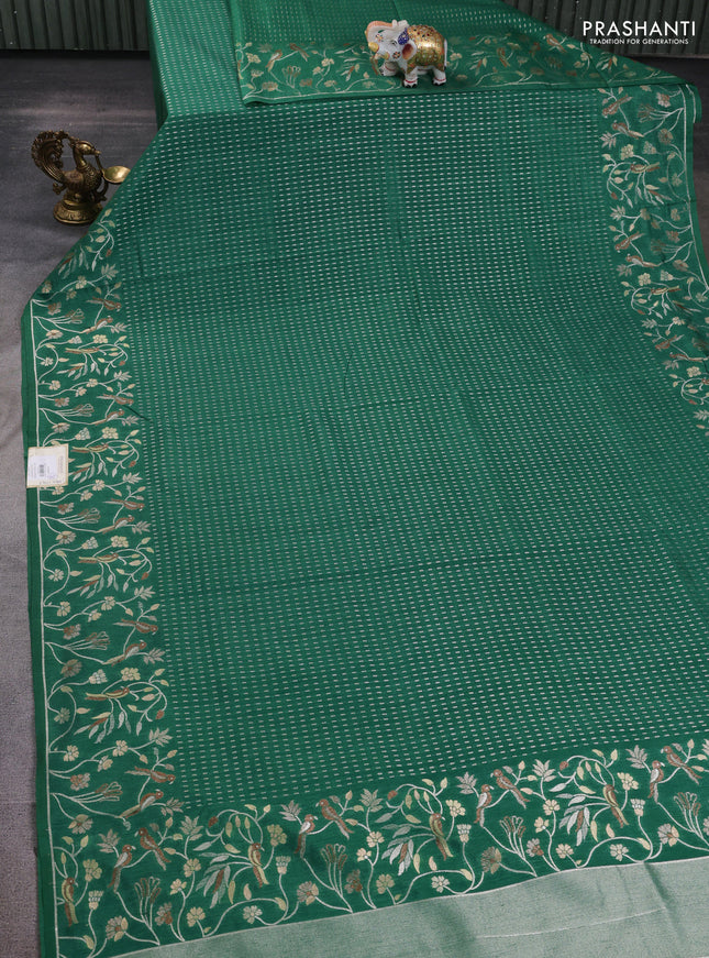 Art tussar saree green with allover zari woven butta weaves and jamdhani style border