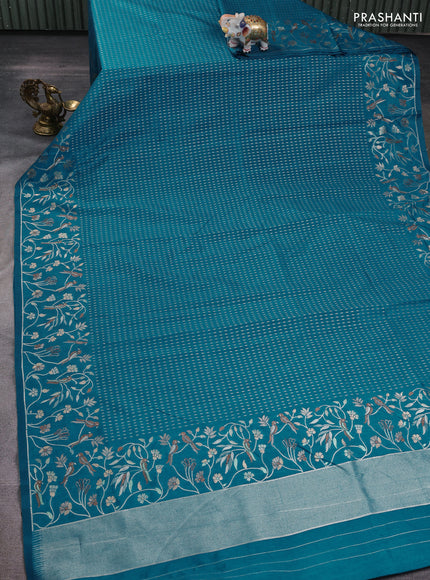 Art tussar saree peacock green with allover zari woven butta weaves and jamdhani style border