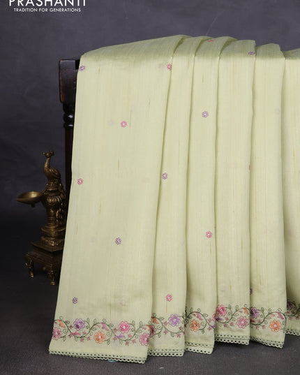 Art tussar saree mild pista green with embroidery work and floral embroidery border