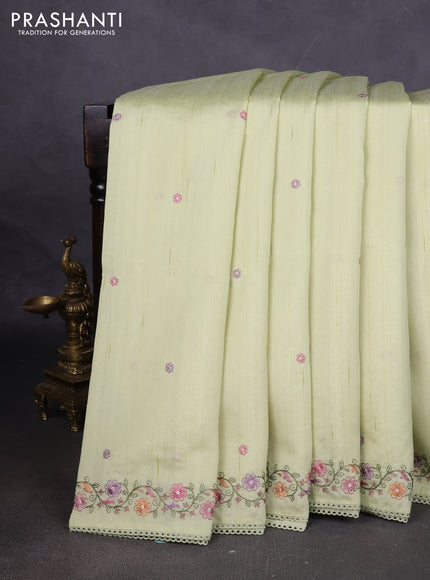 Art tussar saree mild pista green with embroidery work and floral embroidery border