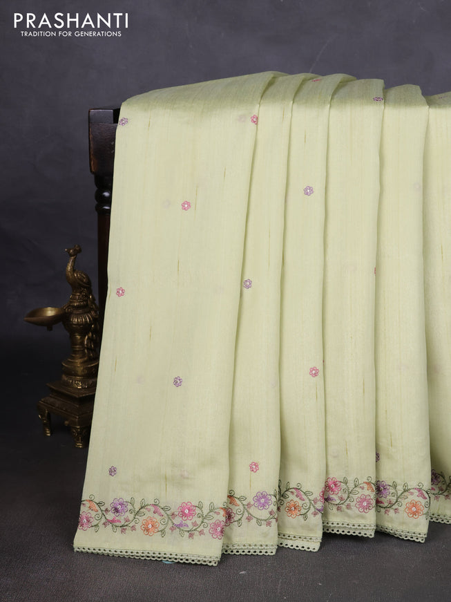 Art tussar saree mild pista green with embroidery work and floral embroidery border