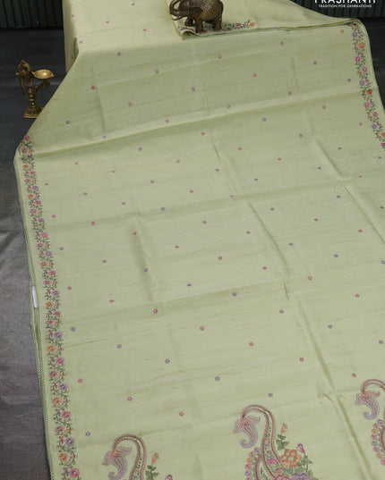 Art tussar saree mild pista green with embroidery work and floral embroidery border