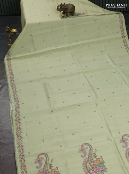Art tussar saree mild pista green with embroidery work and floral embroidery border
