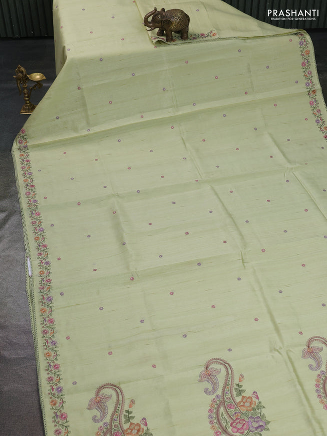 Art tussar saree mild pista green with embroidery work and floral embroidery border