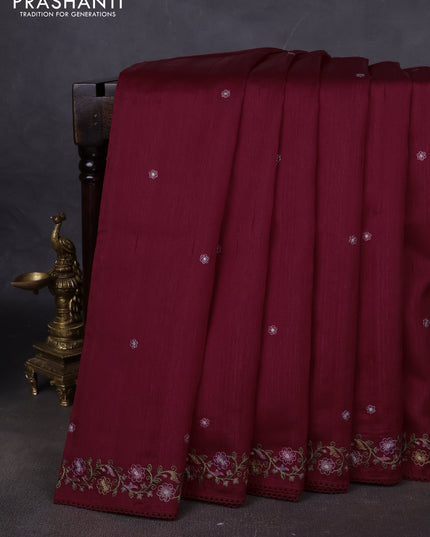 Art tussar saree maroon with embroidery work and floral embroidery border